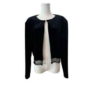 Women's Large Black Velvet Cropped Beaded Tassel Formal Party Cocktail Cardigan